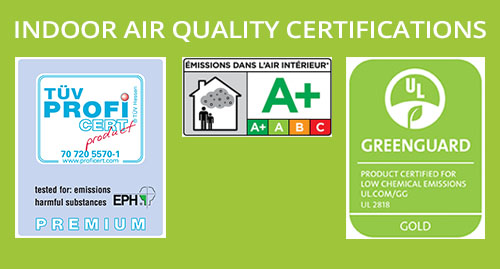 WISE by Amorim Indoor Air Quality Certifications: Greenguard GOLD, TÜV PREMIUM, French Certification A+